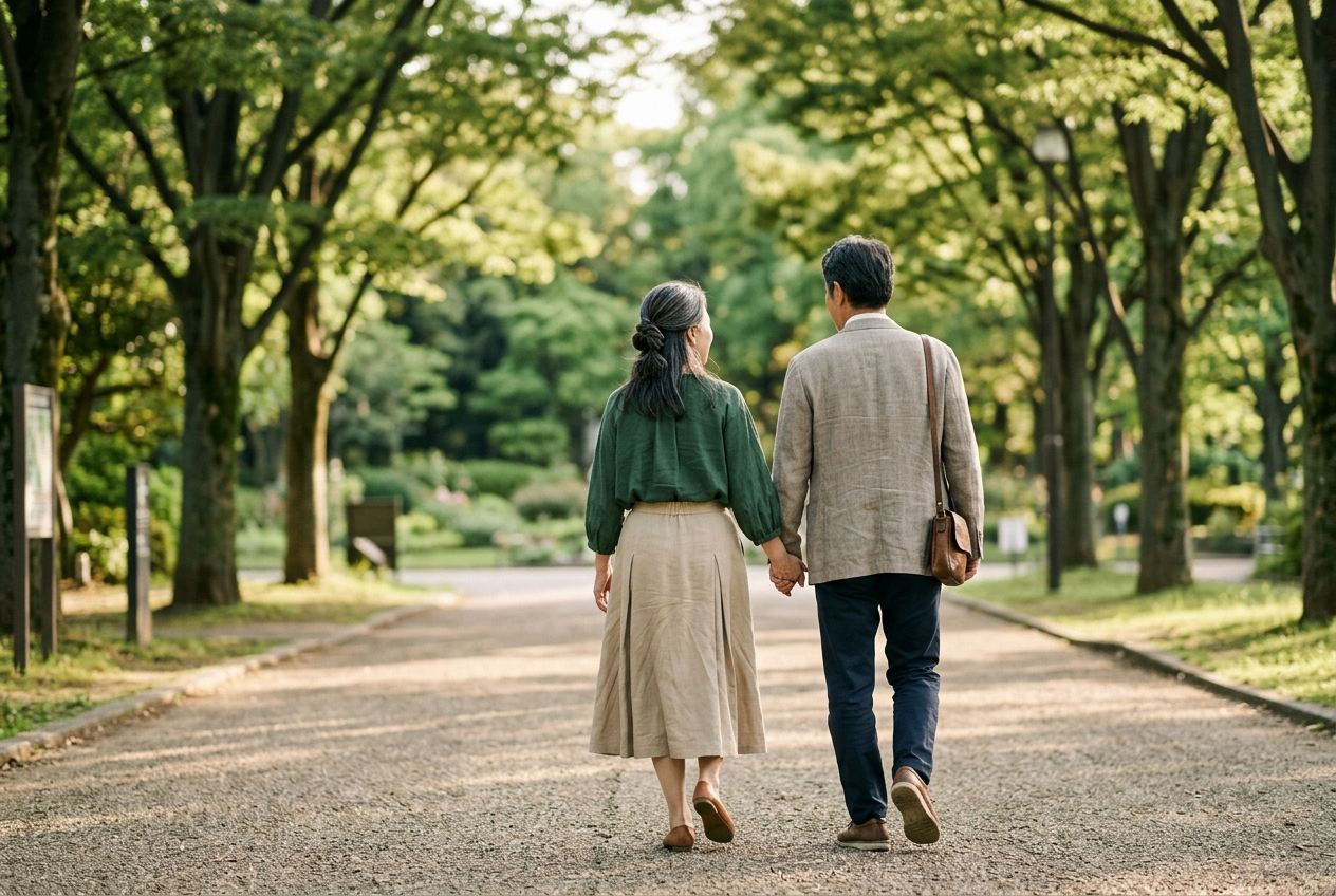 緑の中を並んで歩く大人のふたり