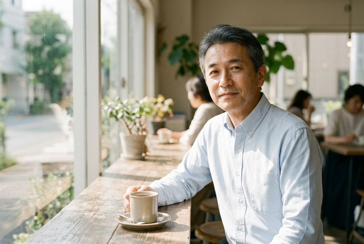 カフェでゆったりと過ごす大人の男性